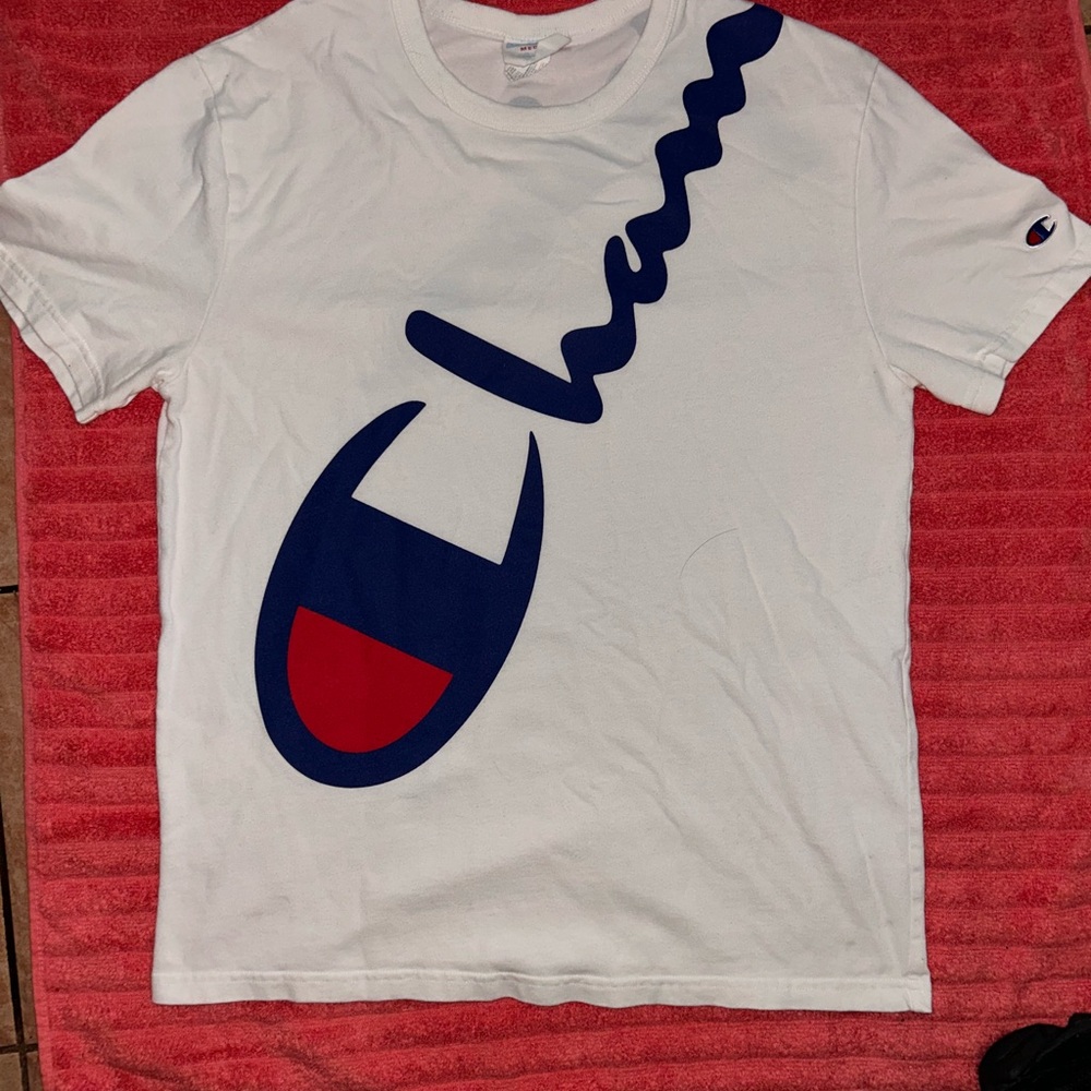 Champion White Tee with Blue and Red Accents